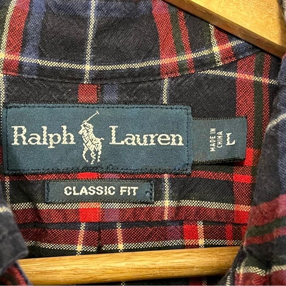 Ralph Lauren Mens Classic Fit Red Blue Plaid Long Sleeve Cotton Button Down L - Picture 4 of 12